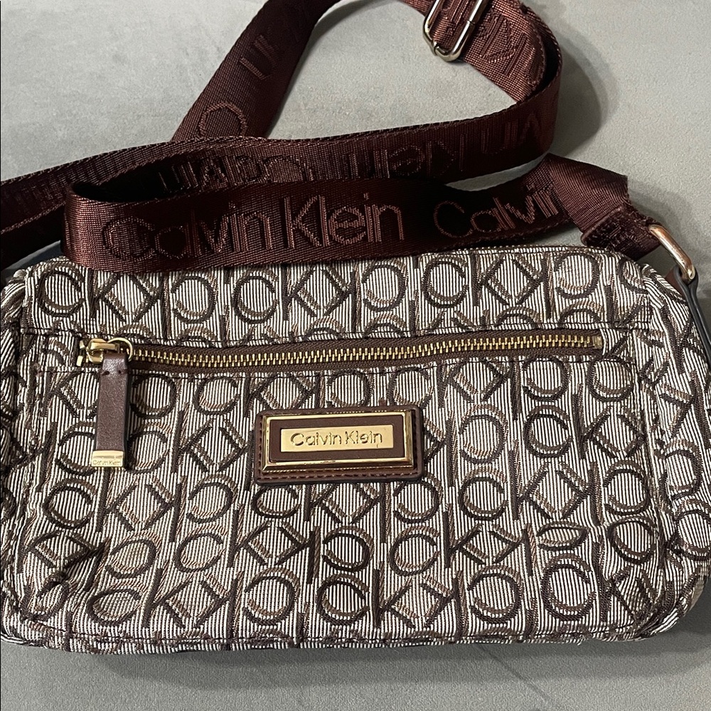 Calvin Klein Monogram Crossbody Bag in Brown and Gold
